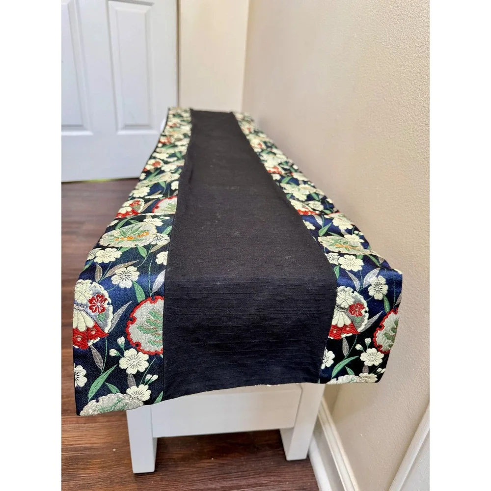 VTG Japanese Kimono Silk Brocade‎ Table Runner Black Navy Butterfly Floral 12x58